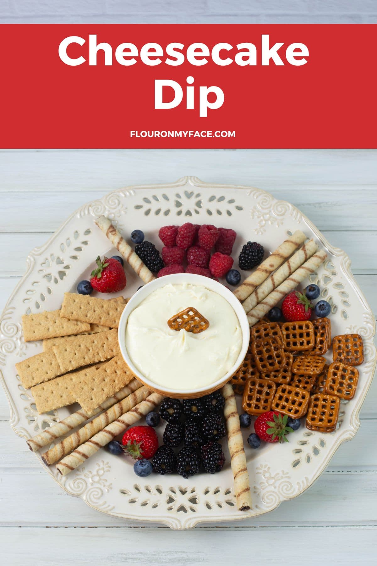Long vertical image of a Cheesecake dip platter.