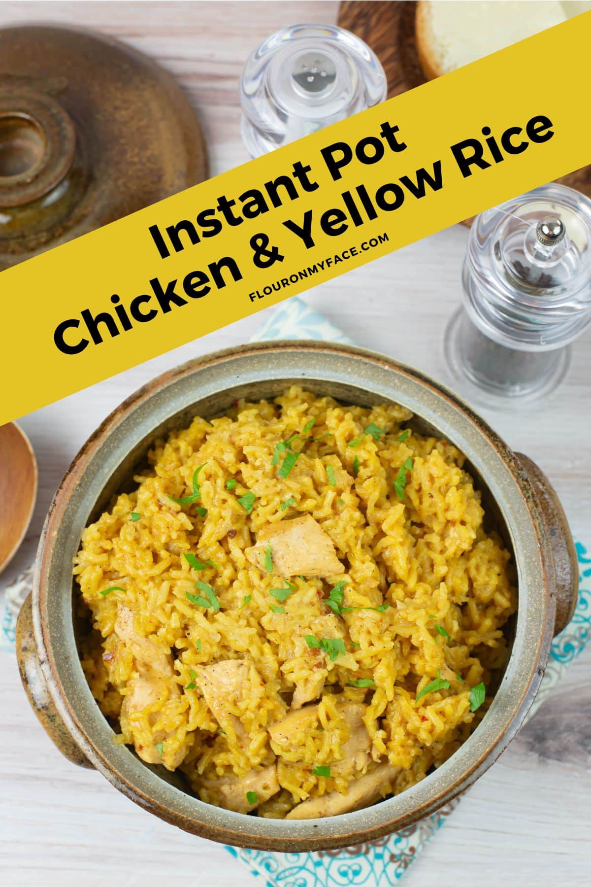 Long vertical image of Instant Pot Chicken and yellow rice in a brown stoneware serving bowl.