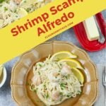 Long vertical featured image of Shrimp Scampi Alfredo recipe.
