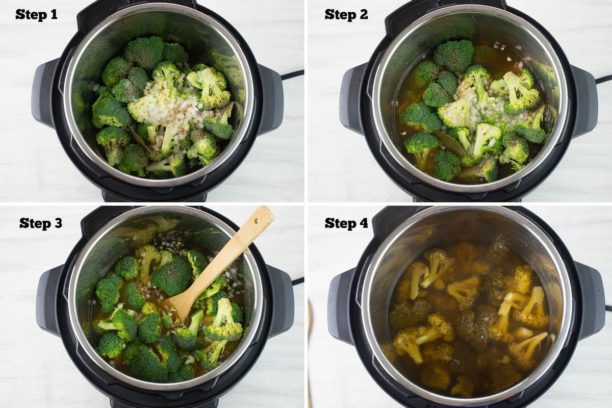 Four step by step images of cooking the broccoli and vegetables in the pressure cooker.