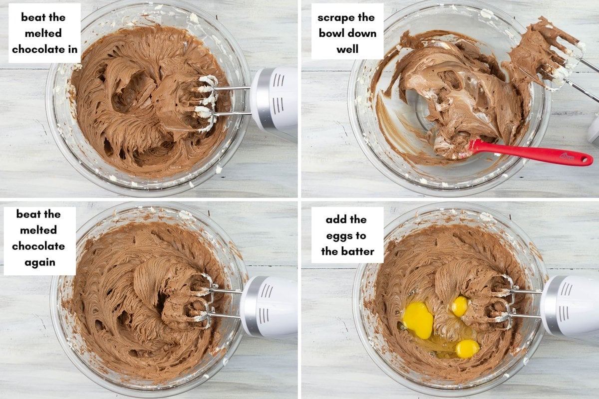 Four steps of beating the melted chocolate into the cheesecake filling.