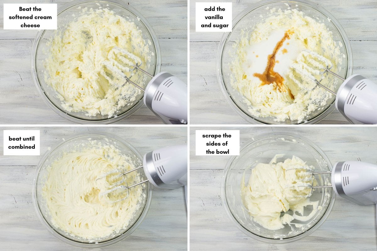 4 image collage of the 4 steps to beath the cream cheese, vanilla extract and sugar until creamy.