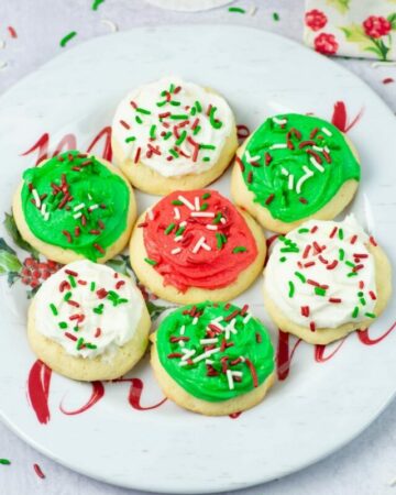 soft frosted Christmas cookies on a holiday plate.