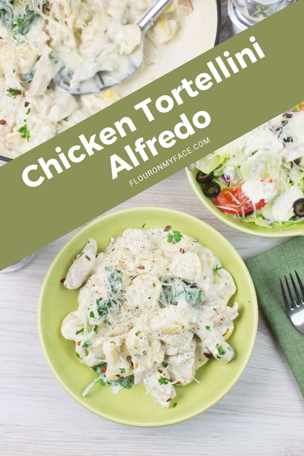 Tall vertical featured image of a serving of chicken tortellini alfredo with a side salad.