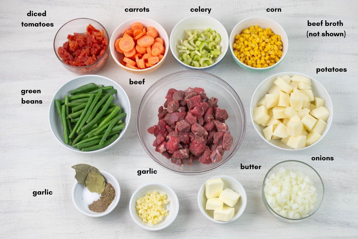 Instant Pot Beef and Vegetable soup ingredients premeasured.