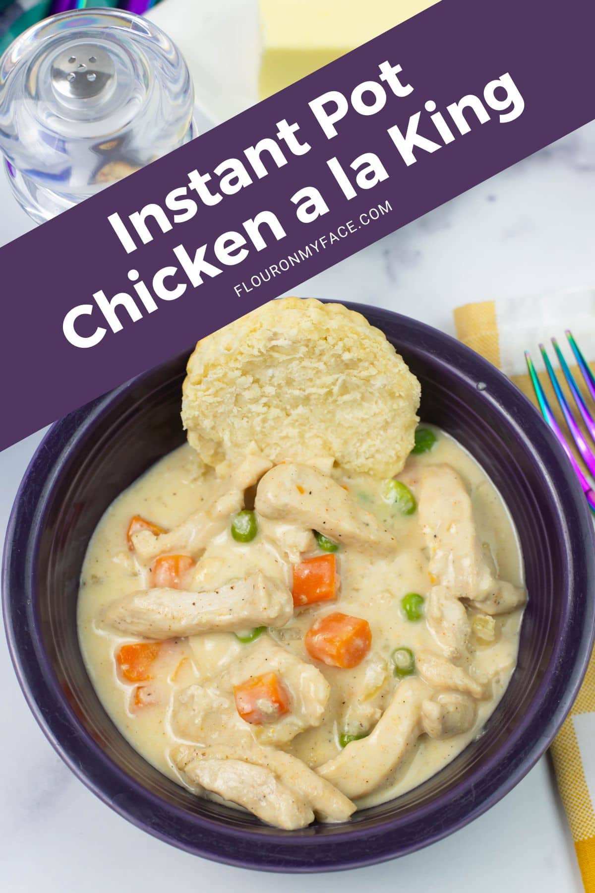 Long vertical image featuring a bowl filled with chicken a la king made in the Instant Pot.