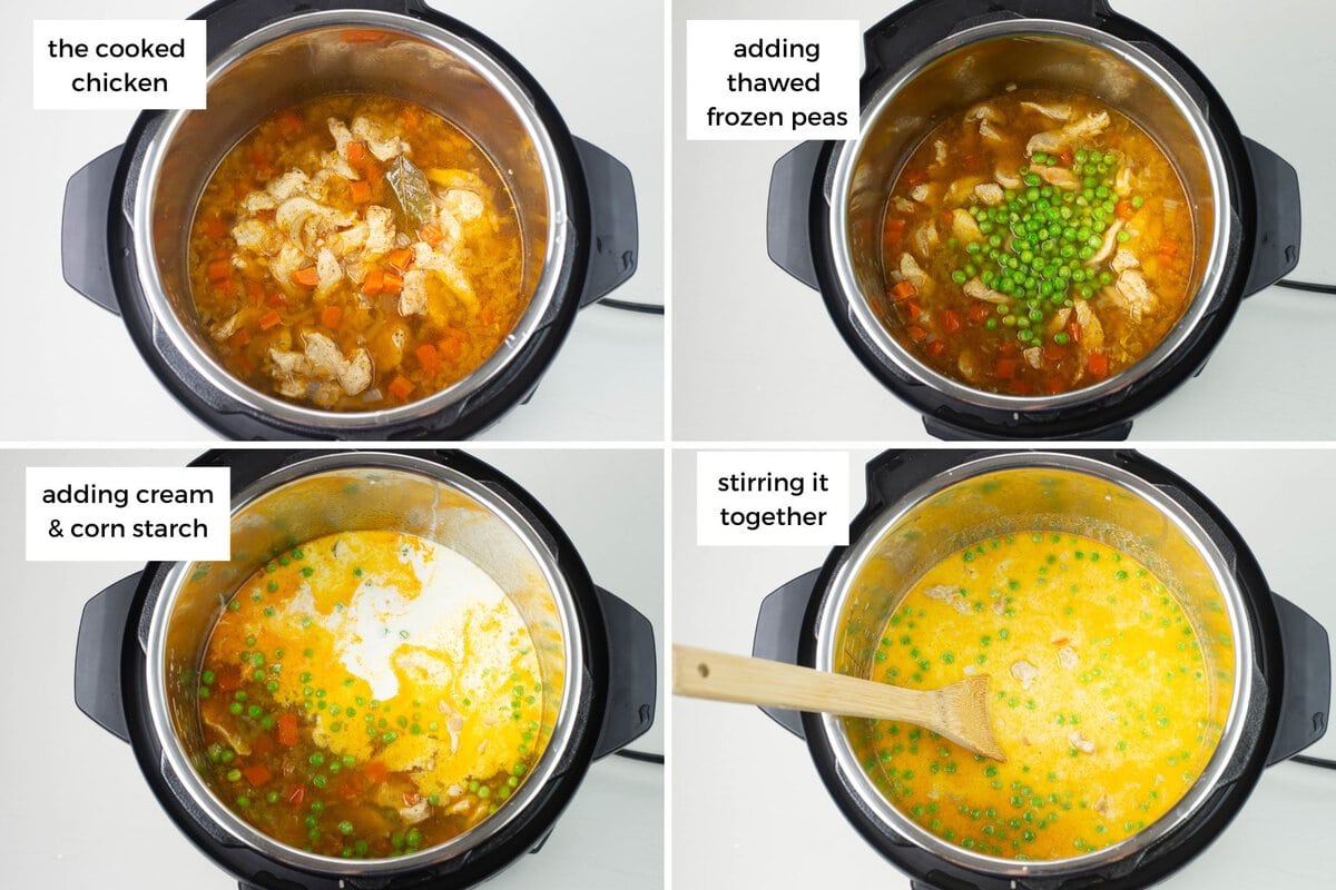 4 image collage showing adding peas, cream and cornstarch to the cooked ingredients.