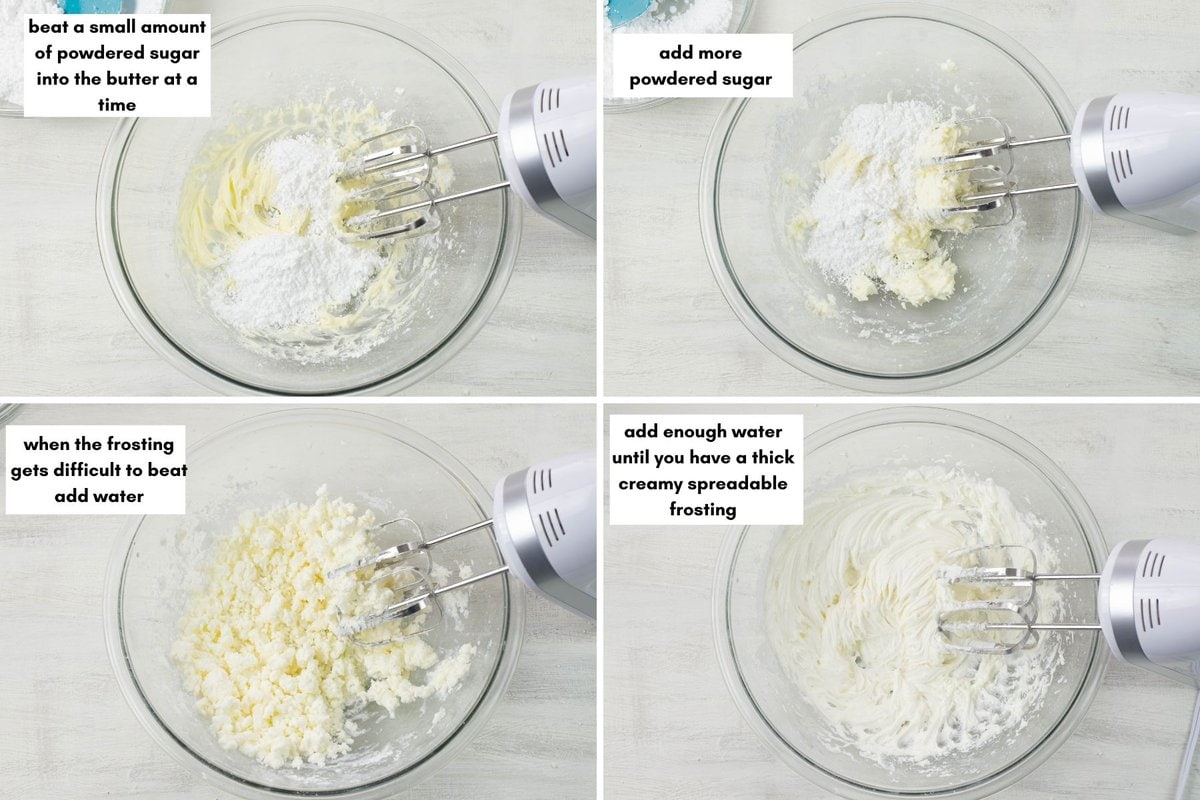 Showing how to make cookie frosting in a 4 image collage.