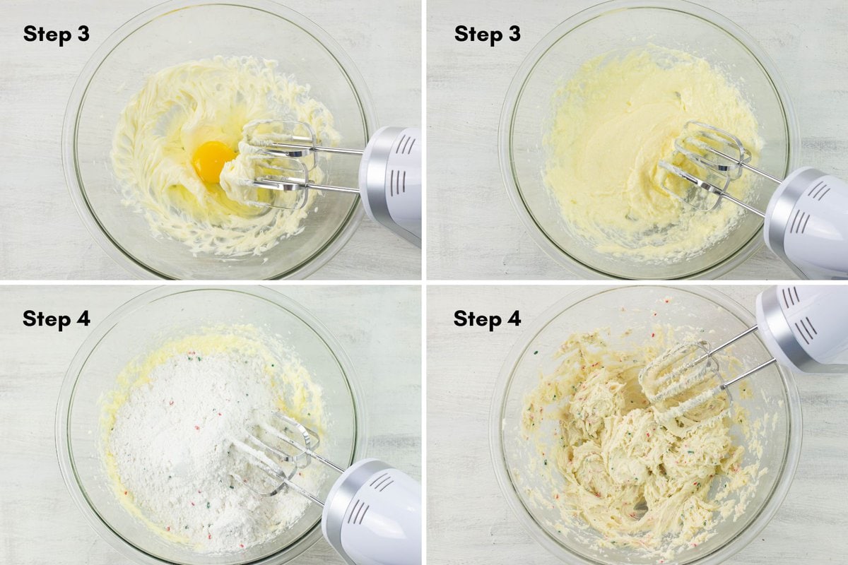 Beating egg. egg white and almond extract into the creamed butter and cake mix.