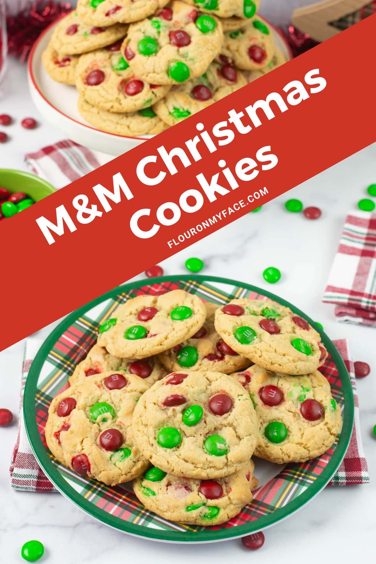 Long vertical image Red and Green M&M Christmas Cookies recipe.