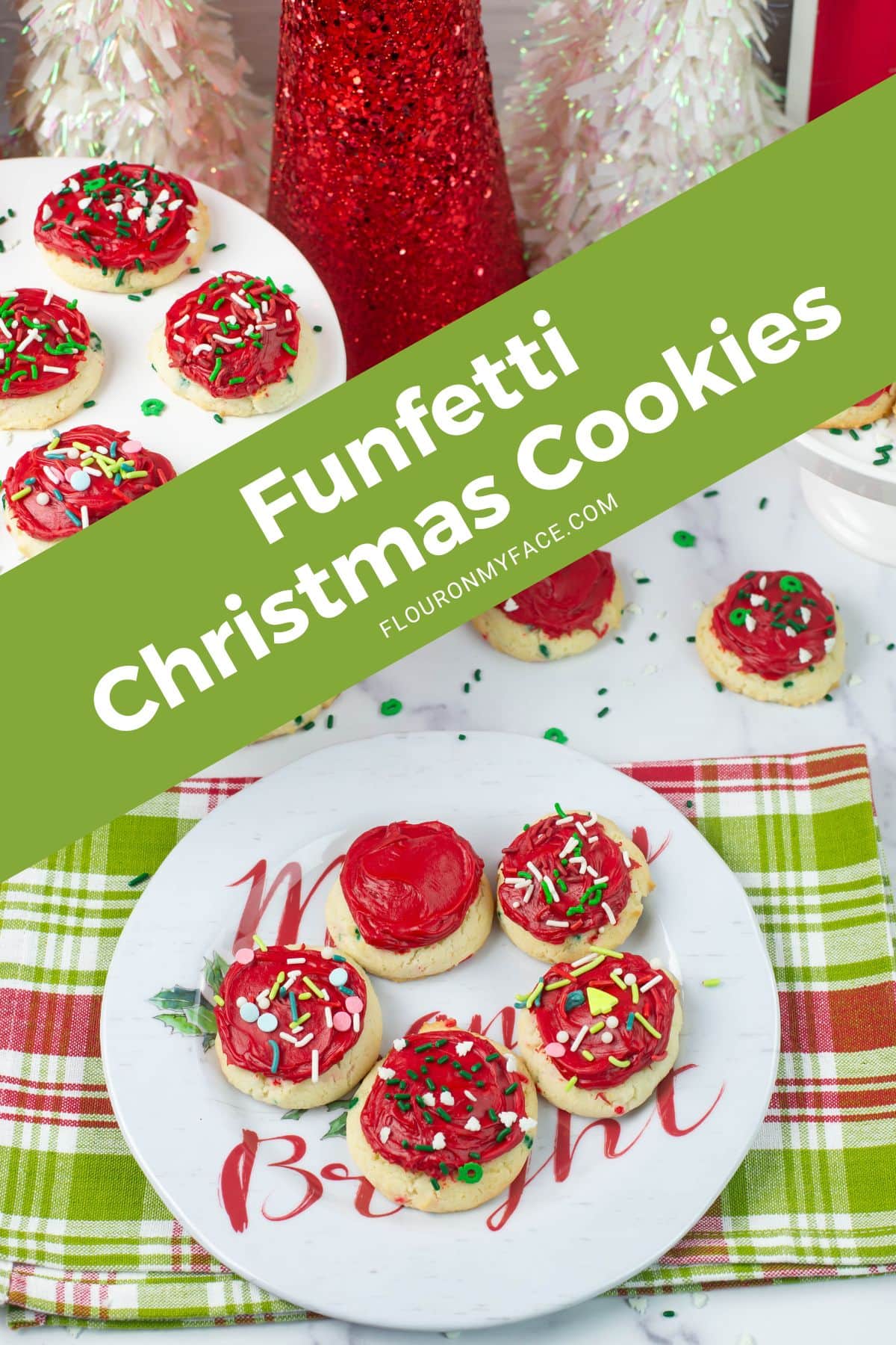 Vertical image of Pillsbury Funfetti Christmas Cookies on a dessert table.