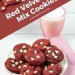 Tall image of red velvet cake mix cookies on a plate with milk.