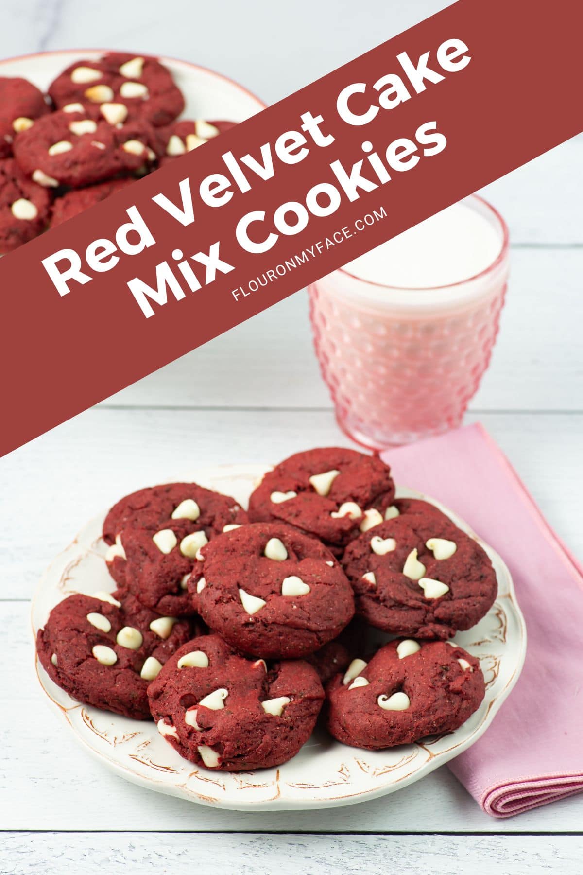 Tall image of red velvet cake mix cookies on a plate with milk.