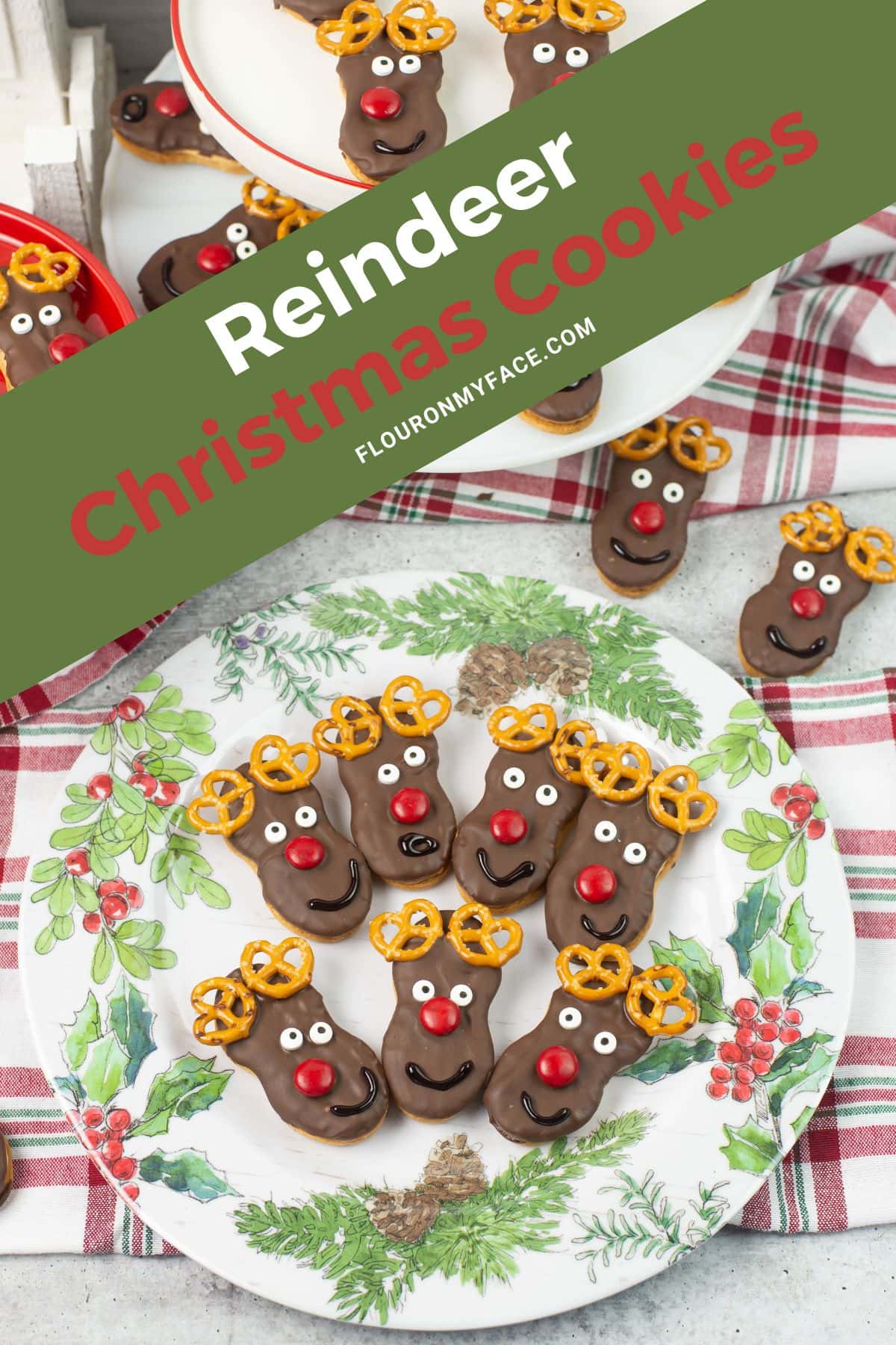 Vertical image featuring Reindeer Christmas cookies on a holiday plate.