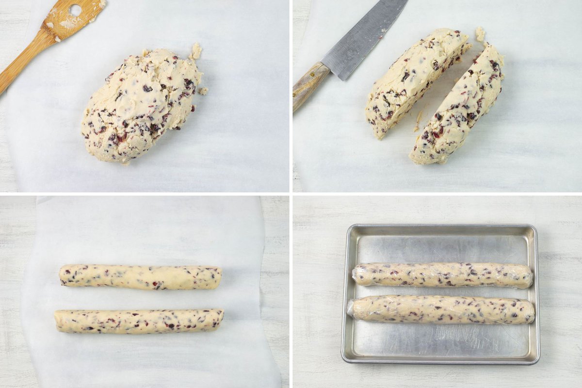 4 image collage of rolling the cookie dough before chilling.