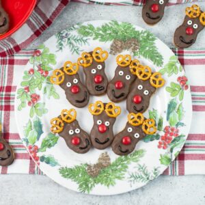 Reindeer Christmas cookies on a holiday plate.