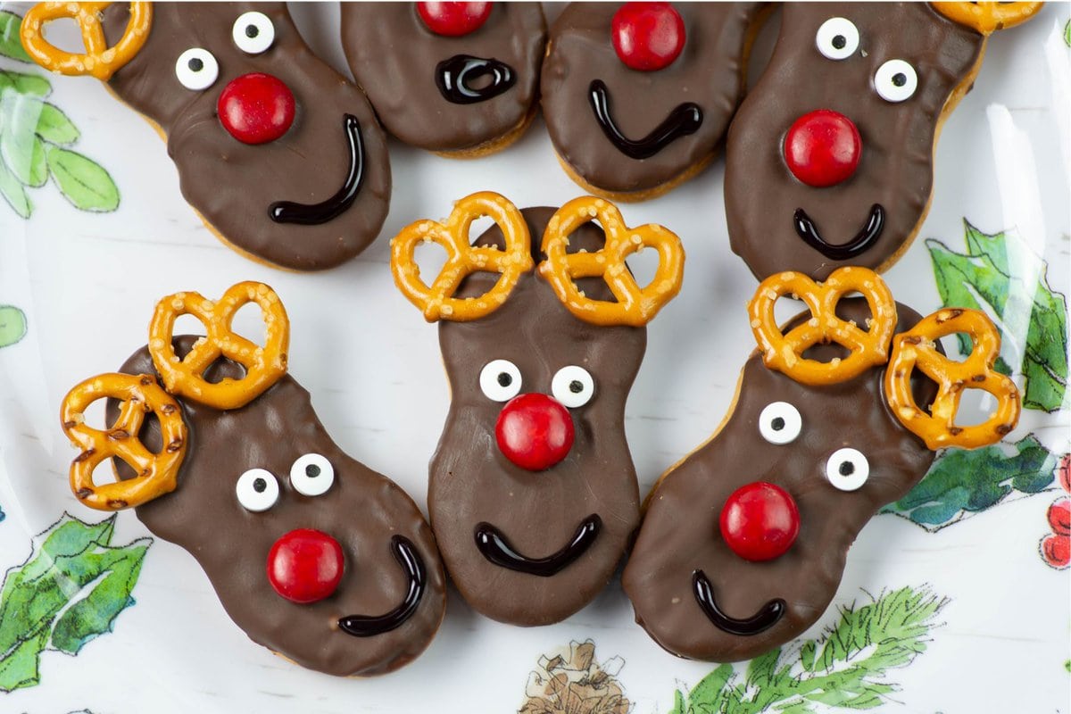 Closeup image of Rudolph the red nosed reindeer Christmas cookies.