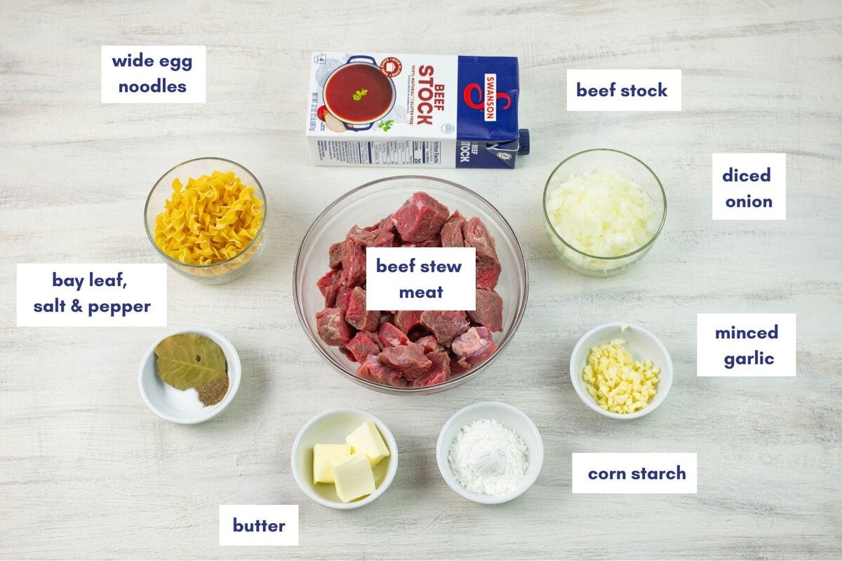 Beef and Noodle ingredients premeasured in bowls.