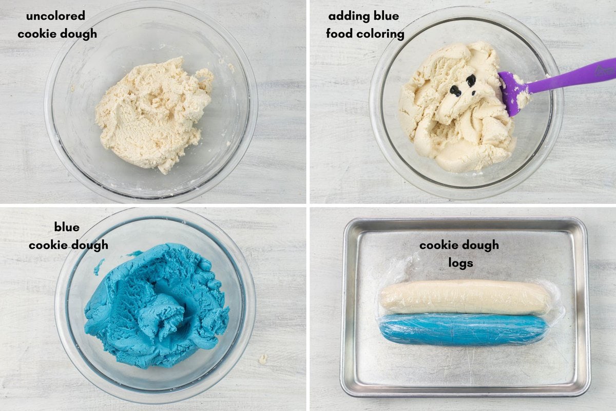 photo collage of uncolored and blue colored cookie dough.