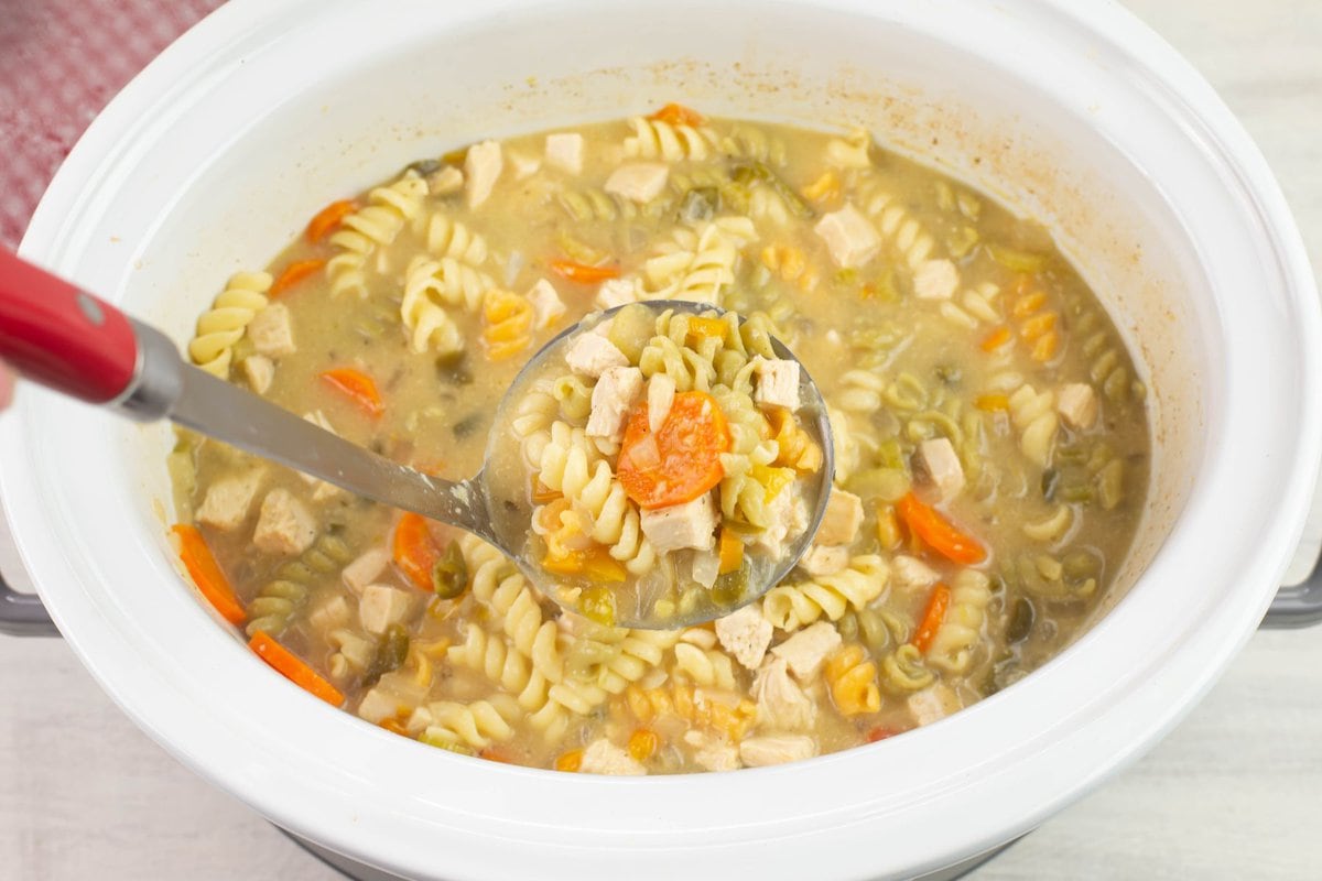 Closeup image of a ladleful of the soup.
