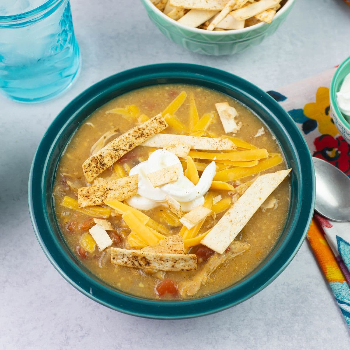 A bowl filled with Chicken Enchilada Soup garnished with sour cream, cheese and toasted tortilla chips.