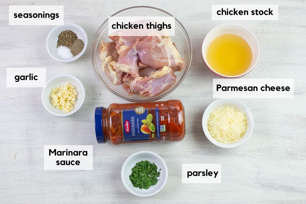 Premeasured chicken marinara ingredients.