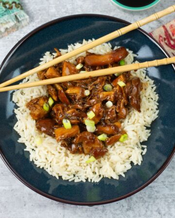 Hoisin Chicken served over rice in a bowl.