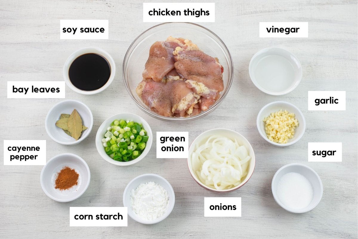 Chicken Adobo ingredients in small bowls.