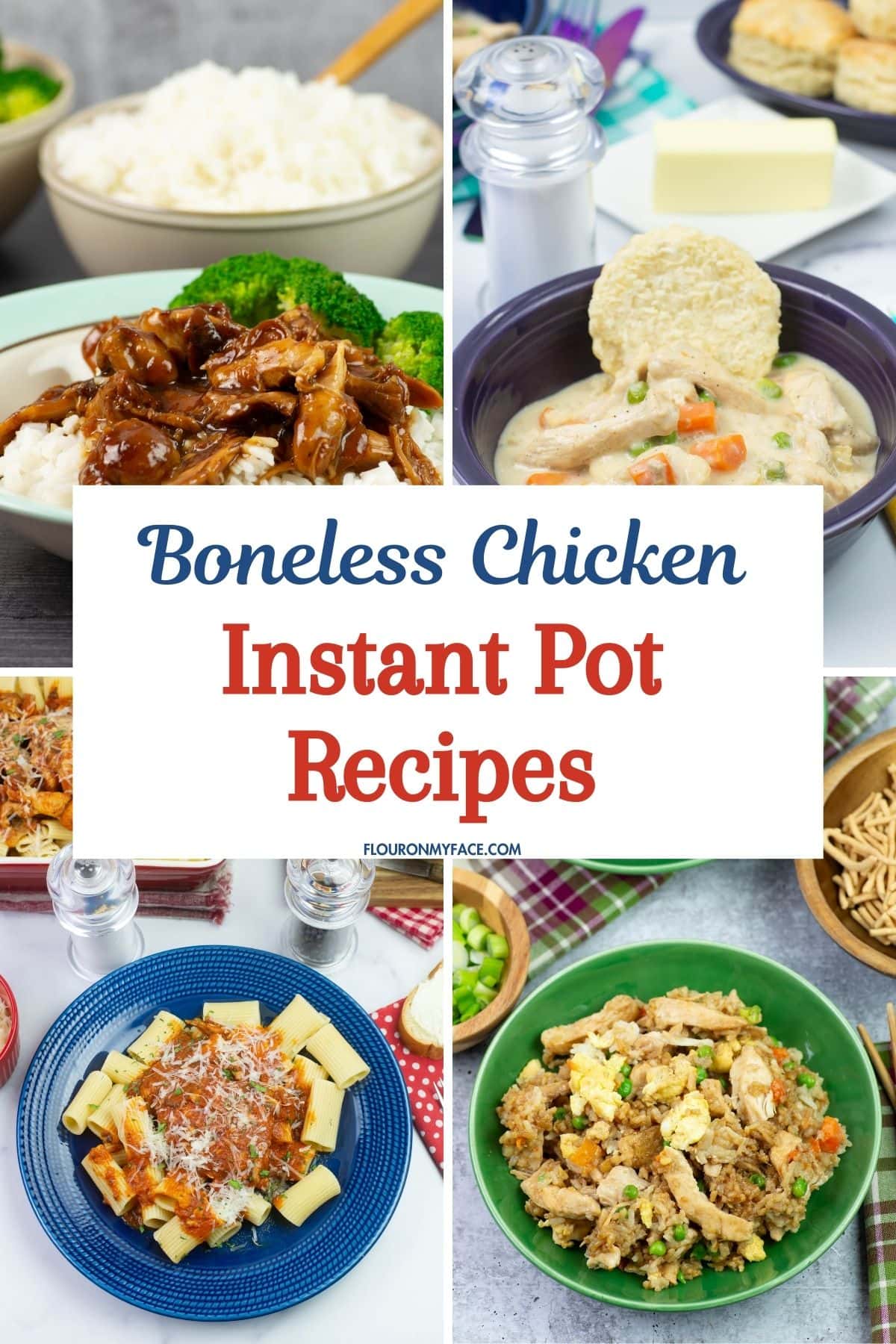 Large collage image with 4 preview photos of boneless chicken instant pot recipes.