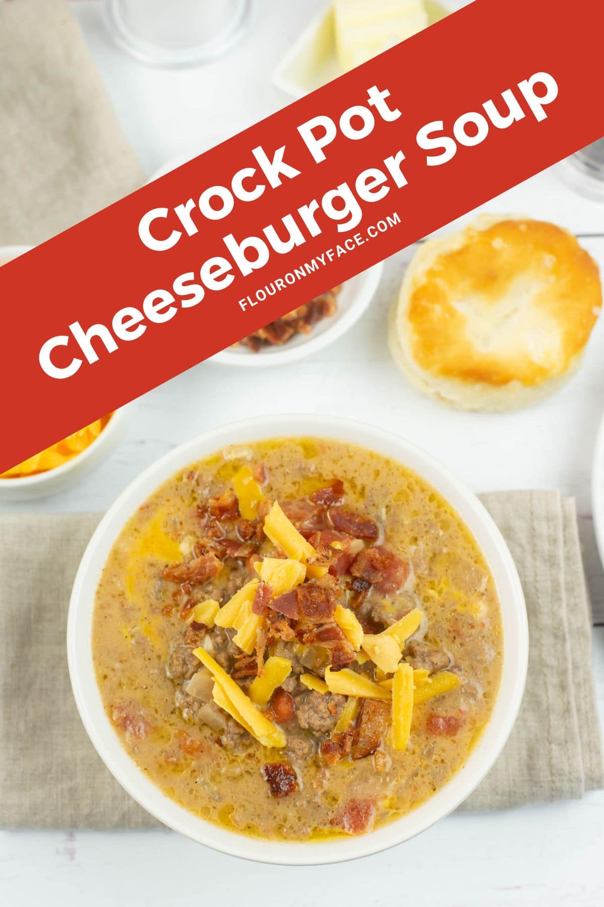 Large vertical Crock Pot Cheeseburger Soup in a bowl.