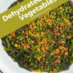 Dehydrated frozen vegetables for soup in a large enamel bowl.