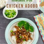 Instant Pot Chicken Adobo serving with rie and broccoli.
