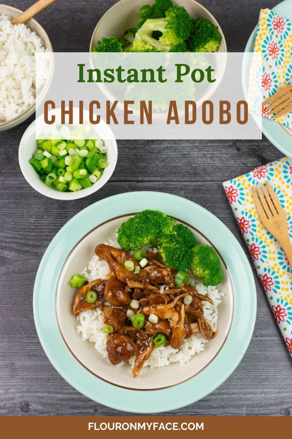 Instant Pot Chicken Adobo serving with rie and broccoli.