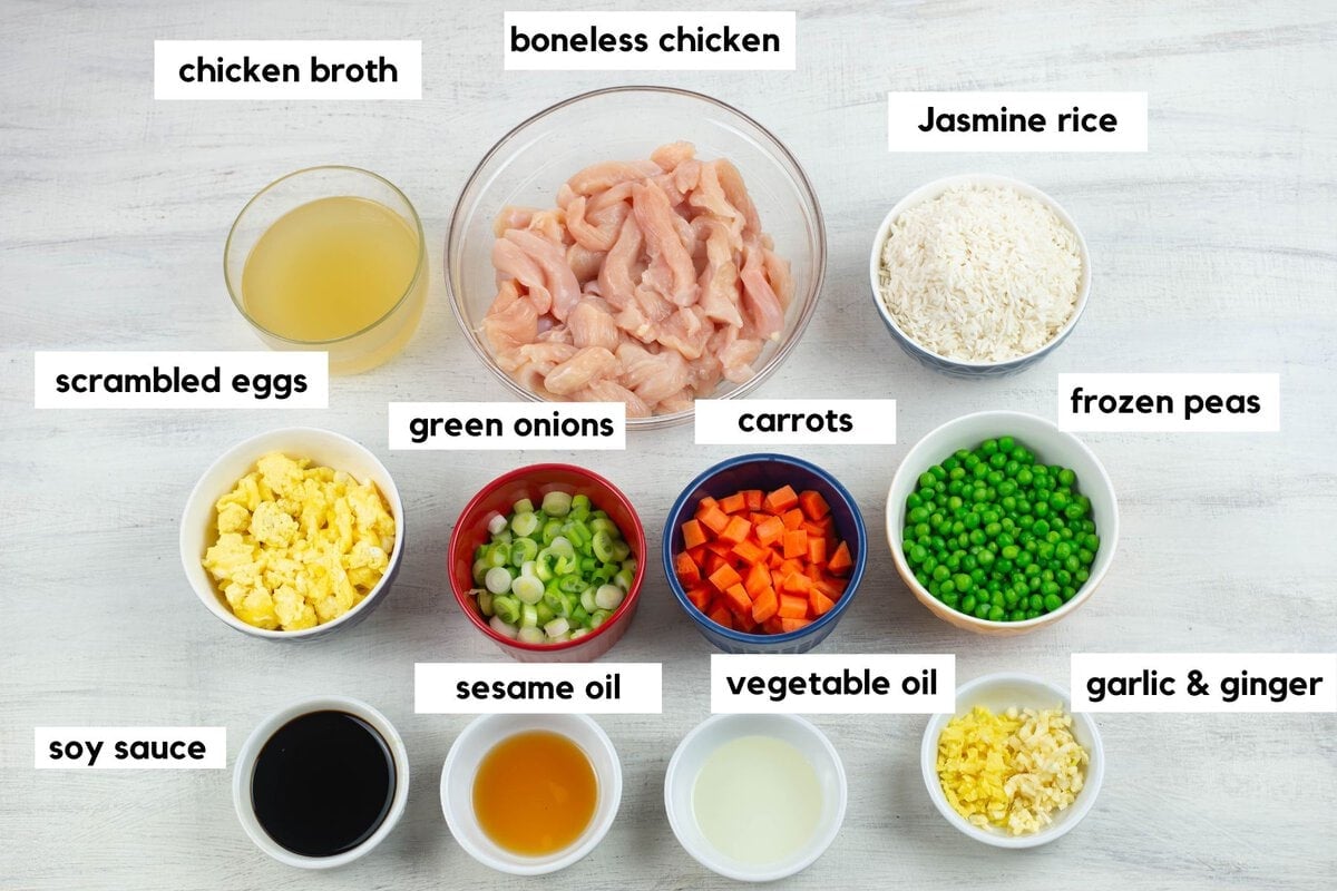 Chicken Fried Rice ingredients that are measured and in small bowls.