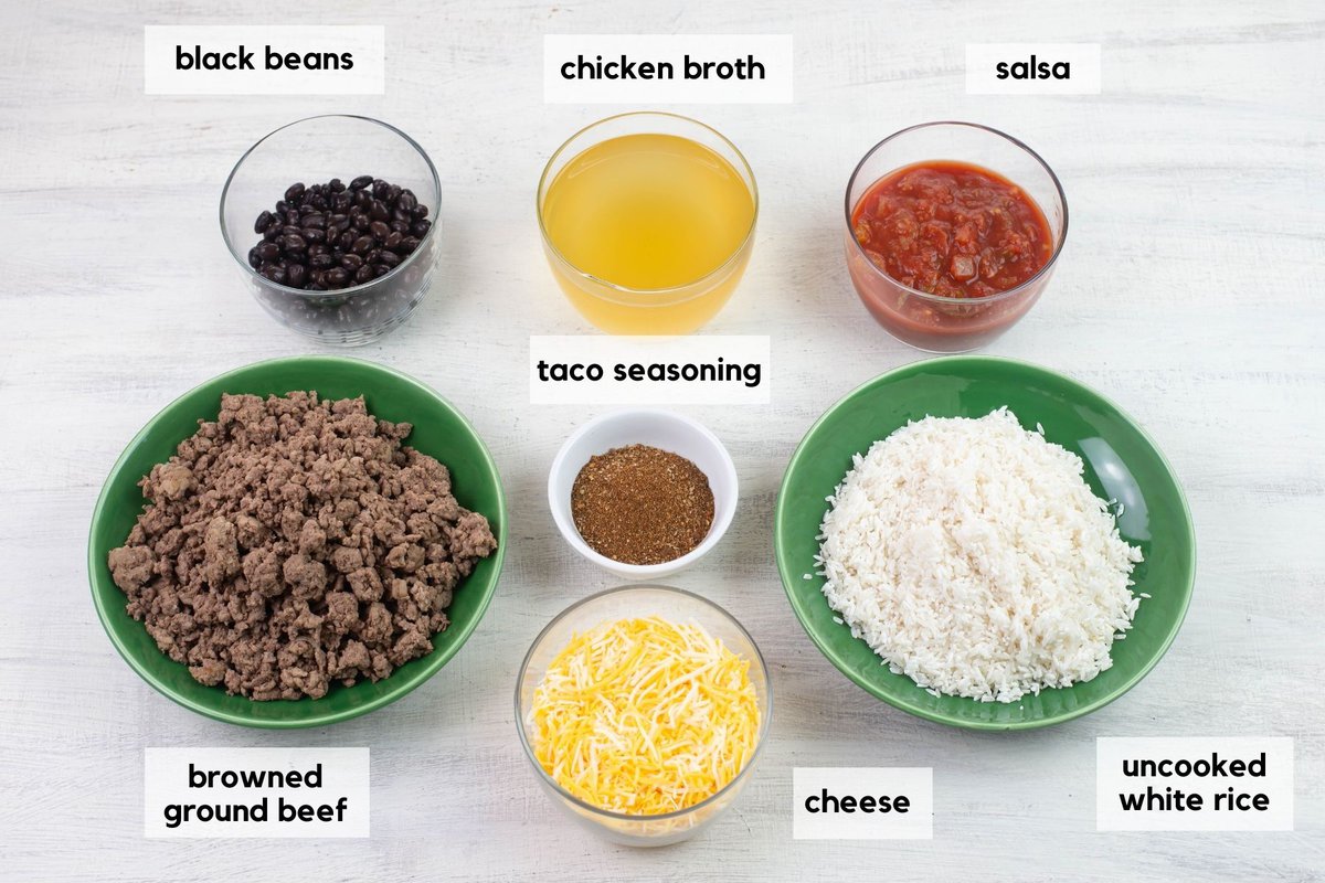 Premeasured Mexican Beef and Rice ingredients.