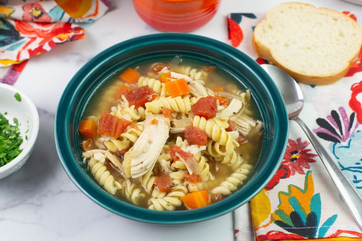 Italian noodle soup served with Italian bread.