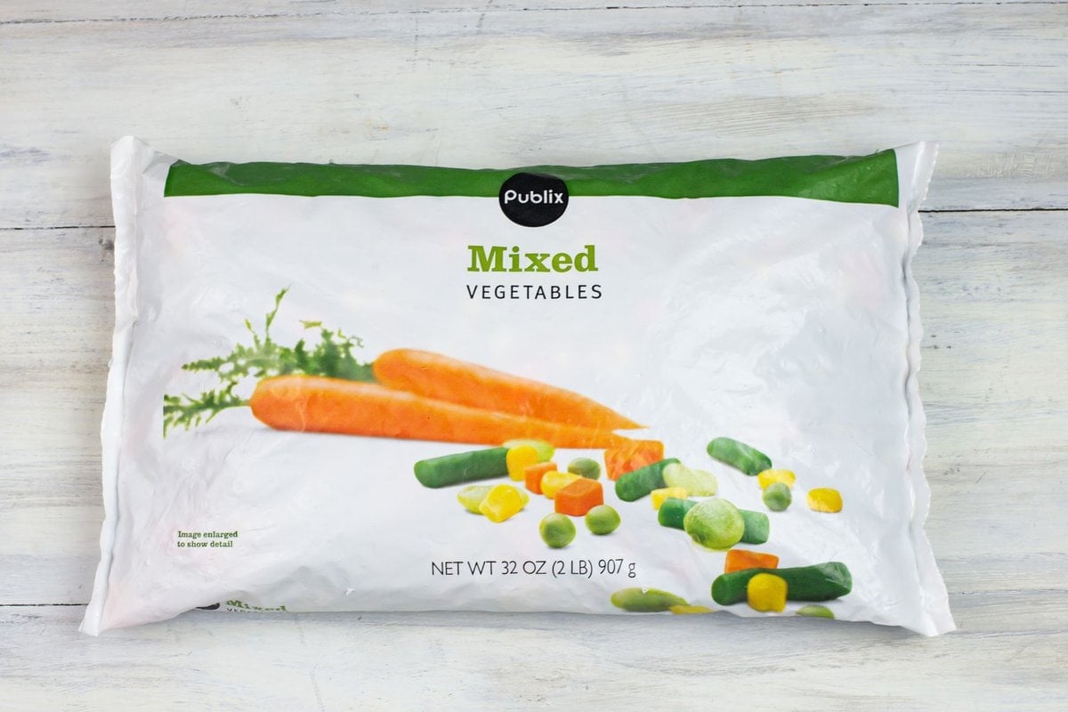 A bag of frozen mixed vegetables.