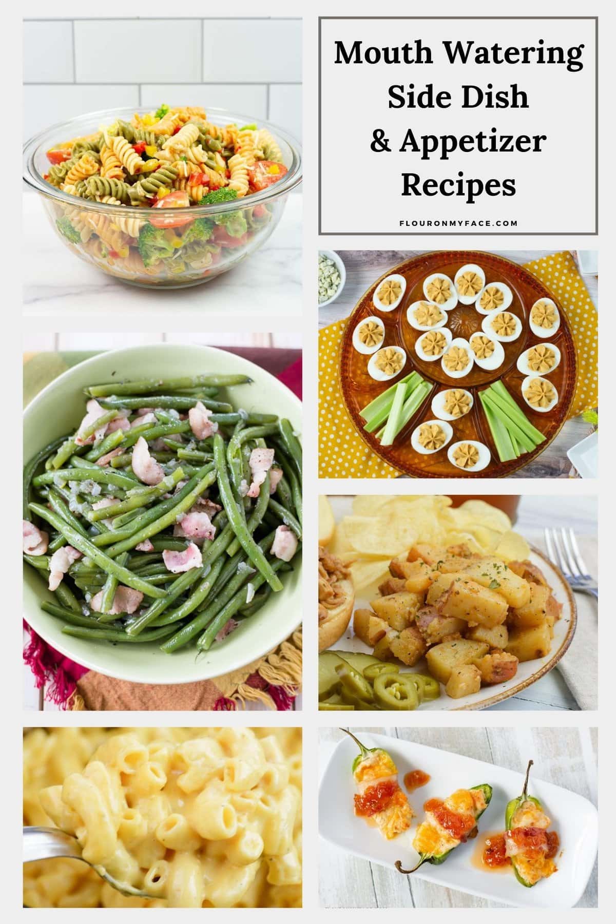 A large collage image with 6 preview images of side dish and appetizer recipes.