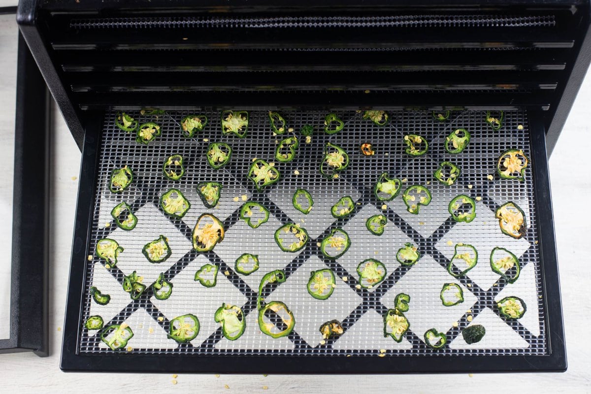 Excalibur dehydrator covered with dehydrated jalapeno pepper rings.