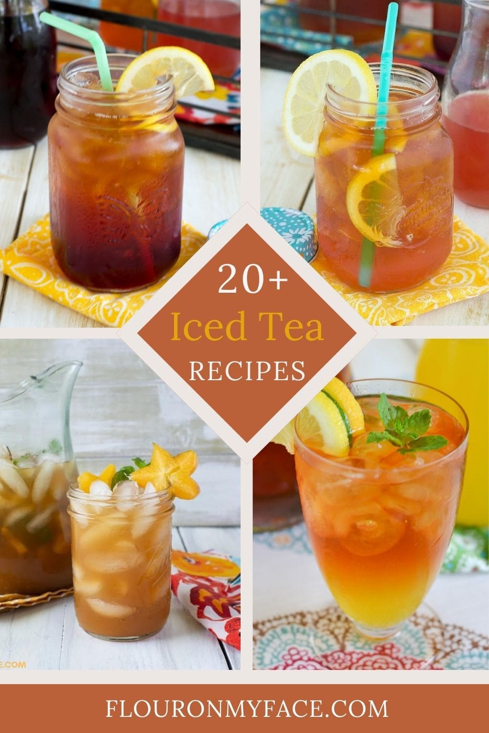 Large collage of 4 fruity iced tea recipes.