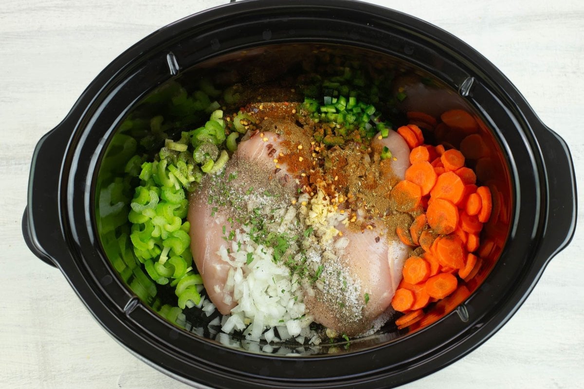 The dried and ground soup seasonings sprinkles on top the vegetables and chicken.