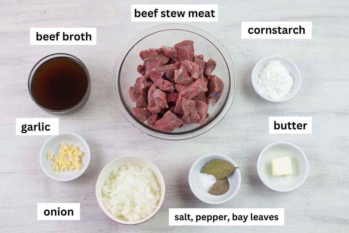 Beef tips and gravy ingredients premeasured in small bowls.