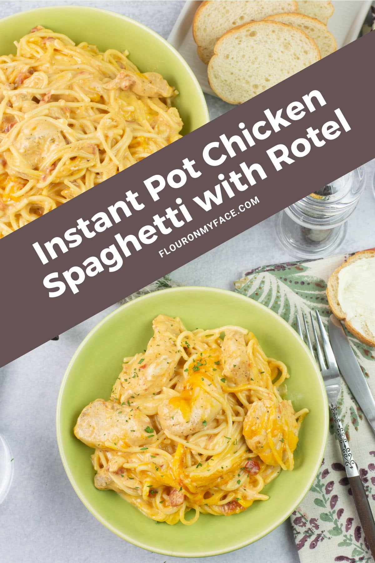 Vertical featured image of a serving of Chicken Spaghetti with rotel in a dinner bowl.