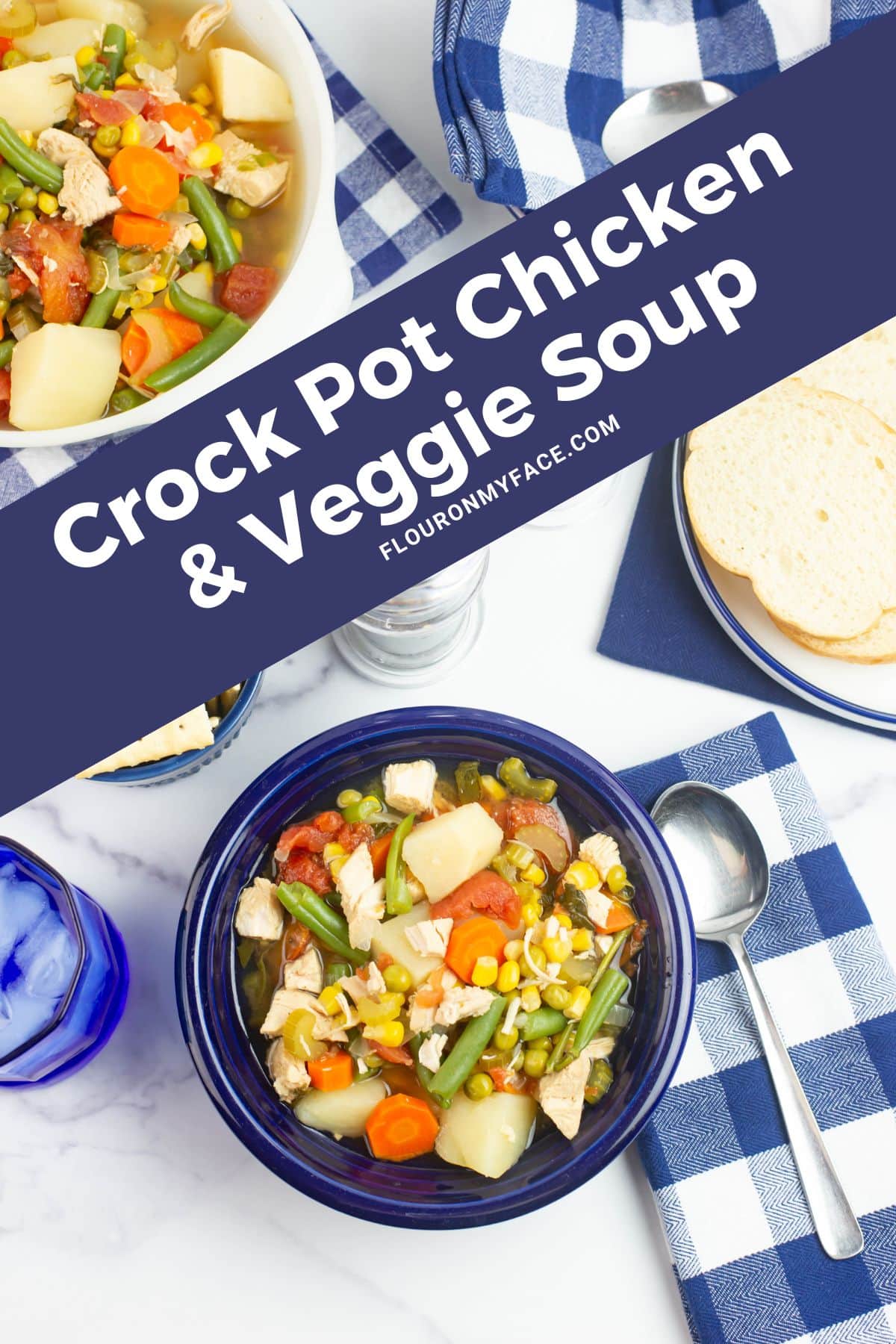 Large vertical image of crock pot vegetable soup served in a bowl on a table with crackers and bread in the background.