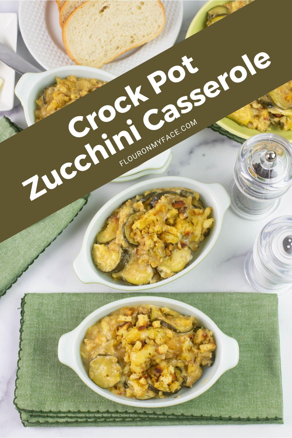 Verticle featured image of Zucchini Casserole served in an oval serving bowl.