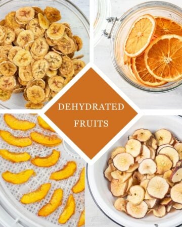 Four photo collage of dehydrated fruit recipes.
