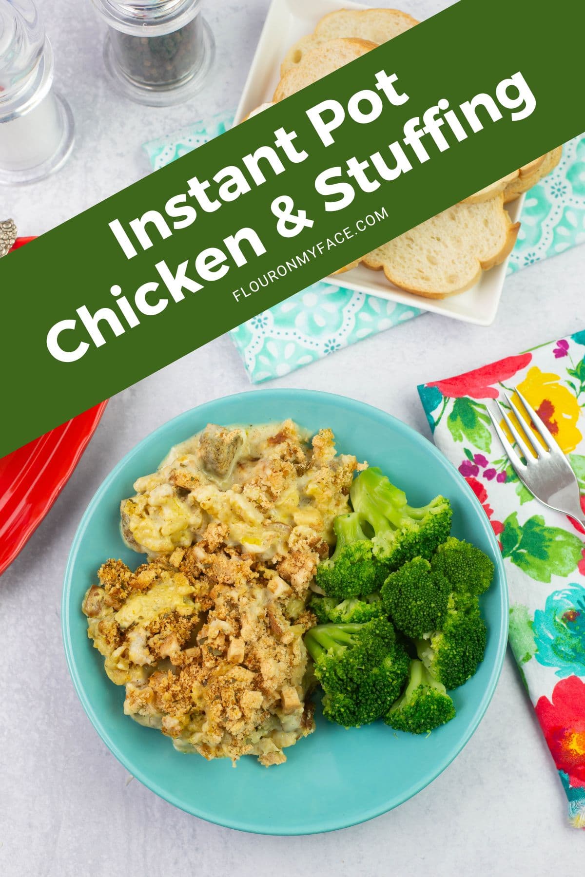 Instant Pot Chicken and Stuffing in a bowl with broccoli.