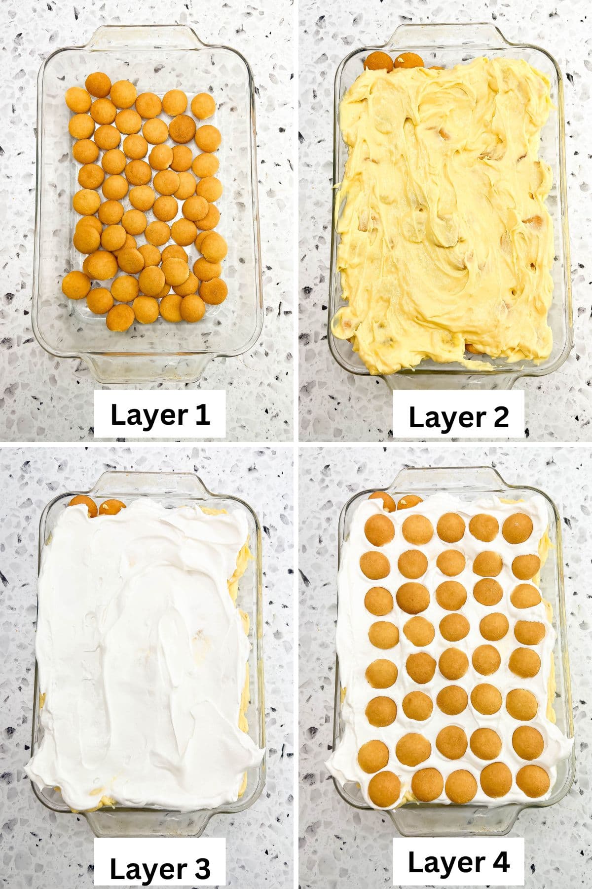4 image collage showing how to layer the banana pudding in a 9x13 pan.