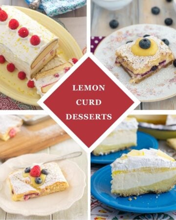 4 collage photo of lemon curd desserts.