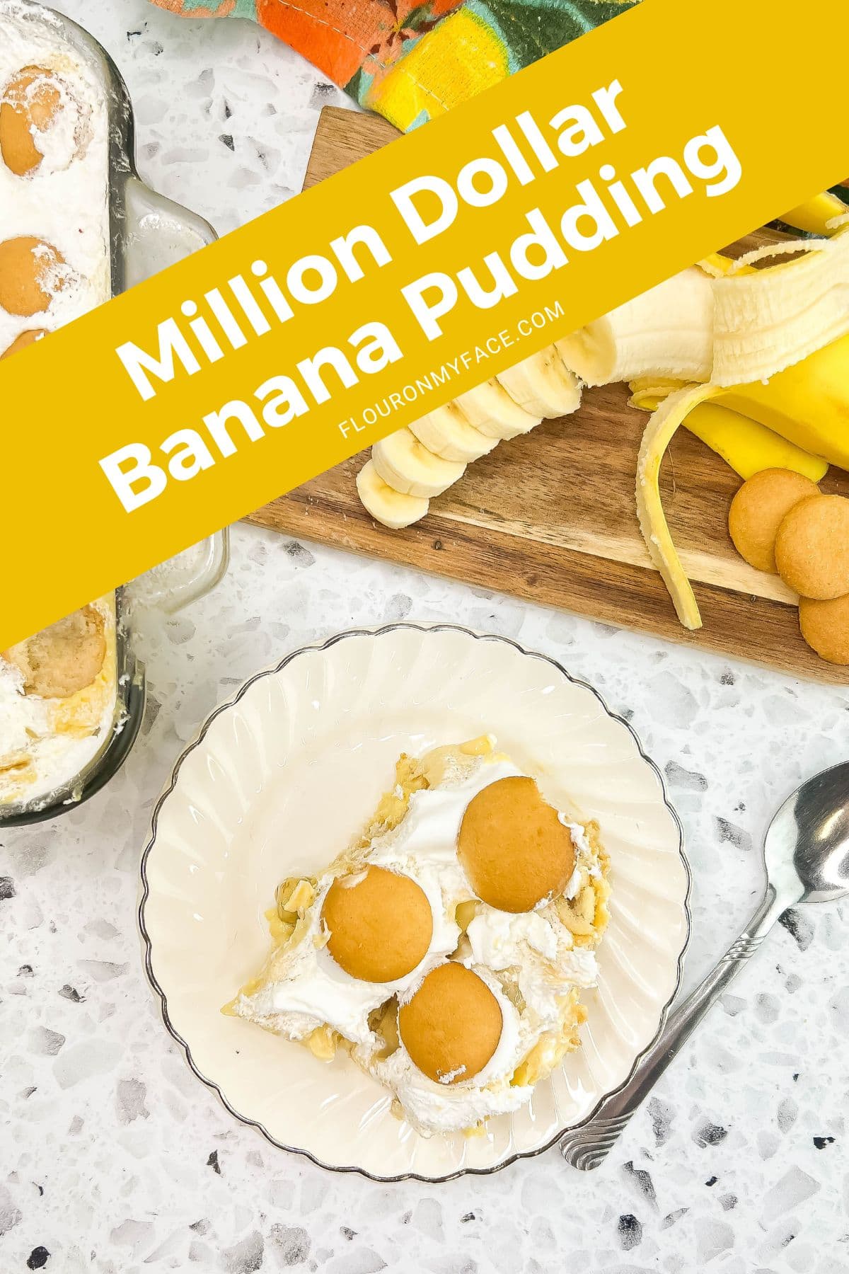 Long pinnable image of a serving of Million Dollar Banana Pudding.